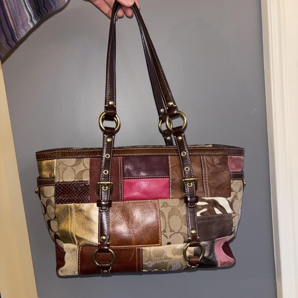 Coach Multicolor Patchwork Tote with Brown Straps - Picture 2 of 5